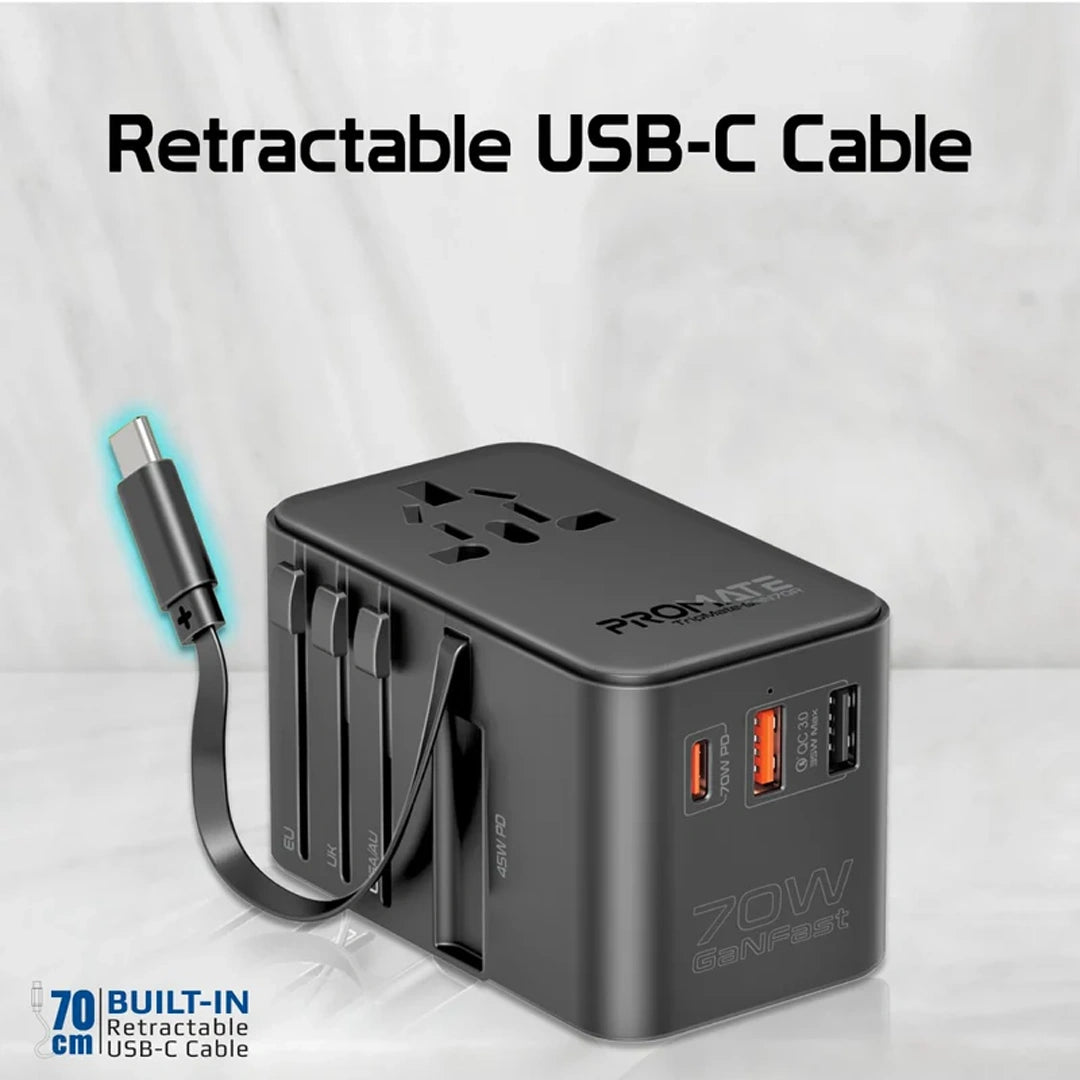 Promate 70W GaN Travel Adapter with Retractable Built-in USB-C Cable in Qatar Promate 70W GaN Travel Adapter with Retractable Built-in USB-C Cable in Qatar